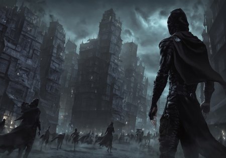Masterpiece, best quality, extremely detailed, thiefConcept, masked hooded thief crouch walking across rooftop, city and people in background, thief wearing leather outfit, holding beautiful diamond amulet, night, city lights, charter focused,
