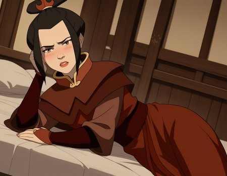score_9, score_8_up, score_7_up, source_anime, <lora:azula-book2-ponyxl-lora-nochekaiser:1>, azula, black hair, brown eyes, topknot, sidelocks, hair bun, single hair bun, chinese clothes, capelet, sash, long sleeves, elbow gloves, , indoors, bed, bed room, on side, blush, drunk, looking at viewer, solo, cowboy shot, dutch angle