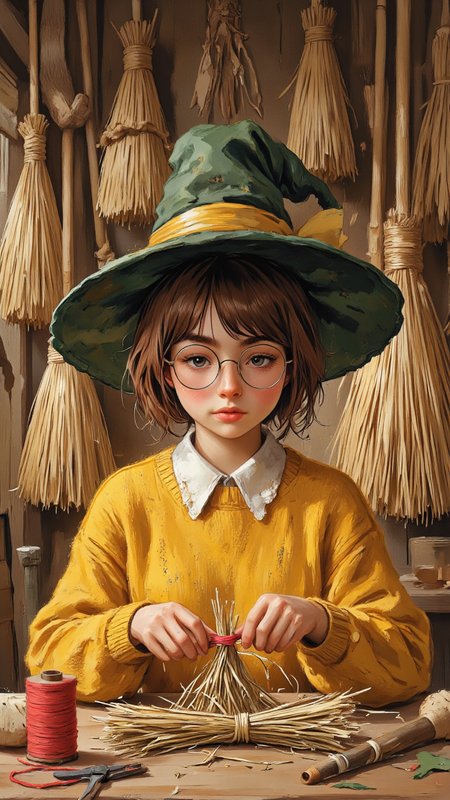 detailed digital illustration depicting a young person with light skin and short, brown hair, wearing large, round glasses and a dark green, witch hat. They are seated at a wooden table, working with a bundle of straw, which they are carefully tying with a red string. The person is dressed in a mustard-yellow, knitted sweater with a white collar, and they have a focused expression on their face.The background is filled with an assortment of straw brooms hanging on the wall, each with varying shades of brown and beige, adding to the rustic, witchy ambiance. The brooms are arranged vertically, with some hanging horizontally. To the left of the person, there is a small, red spool of string and a pair of scissors on the table, suggesting that the person is actively engaged in a craft or magical activity. The setting appears to be a cozy, indoor workshop or cottage, with a warm, earthy color palette dominated by browns and yellows. The illustration is characterized by a whimsical, folkloric style, with a meticulous attention to texture and detail, creating a rich, immersive visual experience.,aidmaimageupgrader, aidmaMJ6.1, <lora:aidmaMJ6.1-FLUX-v0.5:0.7> <lora:aidmaImageUprader-FLUX-v0.3:0.4> <lora:FLUX_fantasy_Styler_2_64:0.8>