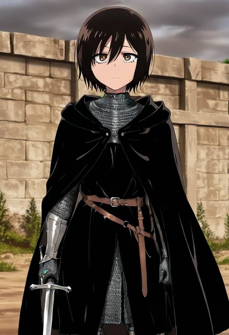 masterpiece, best quality, absurdres, detailed skin, detailed eyes, anime colored, anime screencap,
<lora:Kohakobe_Midori:0.8>, Kohakobe Midori, 1 girl, dark hair, hair between eyes, brown eyes, expressionless, looking at viewer, 
<lora:Great_Helm:0.8>, chainmail, ((holding greathelm)), sword, sheathed, cape, gauntlets, no headwear,
outdoors,
