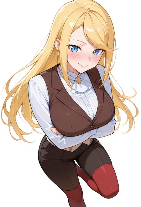 masterpiece,high quality details, absurdres,
 <lora:Cecil:0.8> cecil_cnr,blonde hair, long hair, swept bangs, blue eyes,mole under eye, large breasts,, simple background, white background, dynamic angle,solo,, :>=,, standing with weight on one leg,arms crossed,playful smile,, crazy smile,flustered,, waistcoat   ,vest,pleated pants,  ,red thighhighs,