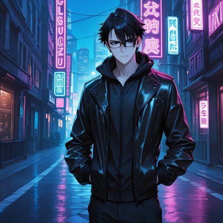 masterpiece, best quality, amazing quality, absurdres, newest, detailed background, definition so sharp, Ultra-HD, 8K cinematic, very awa, impressionate, amazing quality, highres, 
solo, male focus, manly, 
saruhikofushimi, saruhiko_black hair, saruhiko_black eyes, 1boy, short hair, glasses, stylish jacket, standing, hands in pockets, city street, night, neon lights, cool colors, confident, stylish, slightly intimidating, charming