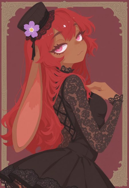 artist:moriimee, G0thicL1nes, portrait, (brown skin), 1 girl, rabbit girl, solo, crimson hair, flirty, long eyelashes, flat style, lidded eyes, pink eyes, bright eyes, black fancy dress, lace clothes, hand on chest, twisty hair, tiny dress hat, arching back, single flower on hat, ears down, pose, clothes matching background, (flat color), (no lineart), 