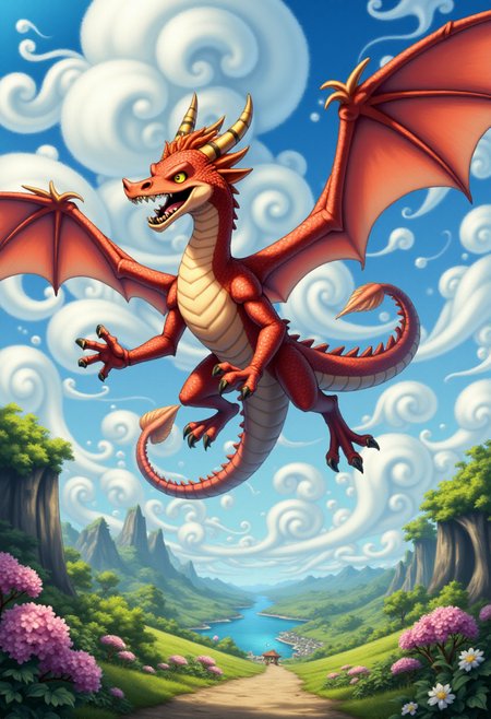 <lora:KFT_Curse_of_Dragons_Crown_Style_FLUX:1>
The image is a vibrant, digitally created kftfantasy illustration featuring   a dragon flying through the sky