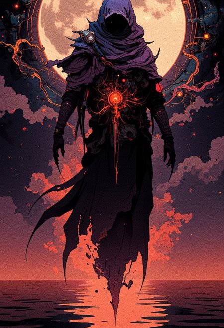 A dark, ethereal cyberknight spirit floats in a haunting void, its form barely visible, flickering with deep violet and midnight blue hues. Its ghostly figure, shadowy and graceful, exudes an eerie, ancient energy. Wisps of darkness swirl around the spirit, shimmering with faint traces of arcane magic. Its texture appears almost spectral, with tendrils of black mist spiraling from its form. The surrounding space feels ominous and otherworldly, as if this spirit has long transcended life. Its hollow gaze pierces through the darkness, cold and distant, exuding a powerful, foreboding presence that sends shivers down the spine. The scene is filled with a sense of mystery and dread, as if this otherworldly being holds secrets from beyond the grave, an embodiment of ancient sorcery and untold power. 
. The scene is enchanting, bathed in warm, moonlit hues, with the water below reflecting the shimmering glow of the ghost. Swirls of cosmic mist dance faintly around, adding a subtle sense of magic to the atmosphere, without disrupting the lighthearted mood.