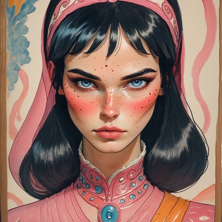 Score_9, score_8_up, score_7_up, score_6_up, BREAK  <lora:Pastel_ReveriePony:1> ArsMJStyle, Pastel Reverie, The image shows a painting of a woman wearing a pink headdress with a human face in the center., 1girl, solo, freckles, traditional media, black hair, looking at viewer, portrait, blush, painting (medium), blue eyes