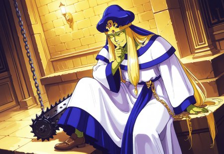 masterpiece, best quality, amazing quality, very aesthetic, absurdres, newest, creatorilxlffl1,1boy, male focus, mature male, adult male, blue turban, very long hair, blonde hair, green skin, yellow eyes, no pupils, white robes, blue sash, brown shoes, hand on chin, solo, dutch angle