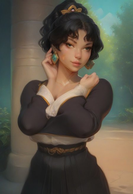 (score_9, score_8_up, score_7_up), score_6_up, best quality, masterpiece, extreme detail, perfect lighting, 4k, 2d, rating_explicit, nsfw, very detailed, best quality, highly detailed texture, depth of field, masterpiece, BREAK, 1girl, ChelXLP, chel, majestic,beautiful bright pupils, black hair, ((ponytail)),green earrings, cute face, (gorgeous face:1.3), (skin detail:1.3), (shadows:1.3), (sweat, steamy, oily, shiny:1.3), ((( black hair, large breasts,perfect body, thick thighs,
 short hair, ear piercing,jewelry, japanese clothes, long sleeves, asymmetrical sleeves, hakama skirt, bridal gauntlets,
 fantasy, solo focus,epic, concept art, realistic, highly detailed, upper body, looking at viewer ))), looking at the viewer, detailed, intricate details, realistic,((( top view))), tan skin,cowboy shot,csr style,g4n1m3,Sculpted grace