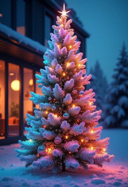 A full view of a tall, beautifully decorated Christmas tree standing prominently in the center of the scene, captured in a hyper-realistic style. The tree has dense, lush branches covered in iridescent needles that reflect vibrant, shifting colors—shades of neon blue, electric pink, bright yellow, and emerald green—creating a holographic, metallic effect. The entire tree is fully visible from the base to the top, with its branches spreading outward naturally. The tree is adorned with realistic ornaments like shimmering glass baubles, metallic ribbons, and twinkling lights that enhance the colorful reflections. The background features a contrasting, softly blurred interior with warm, ambient lighting, or alternatively, a snowy outdoor setting with a deep blue twilight sky. The scene is illuminated to highlight the vivid colors of the tree, making it the focal point. Photorealistic rendering, 4K resolution, ensuring high detail and realistic textures throughout, with a slight bokeh effect in the background to create depth