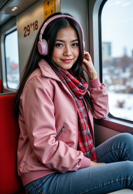 Hyperrealistic,  she is smiling, dynamic angles, multiple angles,She is looking at the camera, photoshoot poses;   A photo of Anong, a young woman with black hair, She is wearing pink and white headphones, a pink jacket zipped closed, a red and black checkered scarf, blue denim jeans, with black boots,  she is posing for the camera.  sitting on a bench inside a bullet train, the view outside is of a futuristic city made of glass, In the daytime, and it's snowing outside; the scene is set in a beautiful well-lit environment, with a sense of action and adventure. listening to her music. she is posing for the camera with a smile on her face.  Style: realistic hyper-detailed rendering, 32k UHD, expressive eyes, punk, graphic design, girl's face, pretty and cute, gleaming lips, telling a tale of adventure. Exuding confidence and serenity. The overall mood of the image is happy and relaxed,detailed skin texture,(blush:0.2),(goosebumps:0.3),subsurface scattering,with a playful and whimsical tone, perfect hand, hand, detailed hand,aidmafluxpro1.1,retro50s_style,