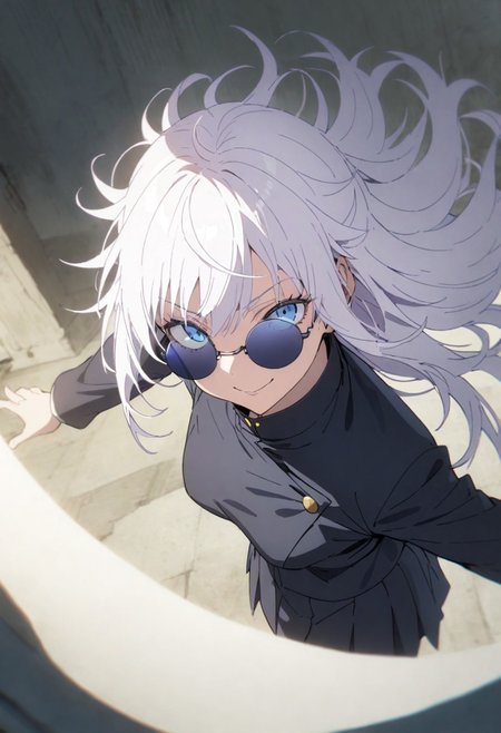 score_9, score_8_up, score_7_up, score_6_up, masterpiece, best quality, absurdres, cinematic, dynamic angle, perfect composition, solo, 1girl, medium breast, gojou satoru, blue eyes, white hair, long hair, round sunglasses on head, jacket, black jacket, gakuran, school uniform, high collar, smirk, standing, looking at viewer,