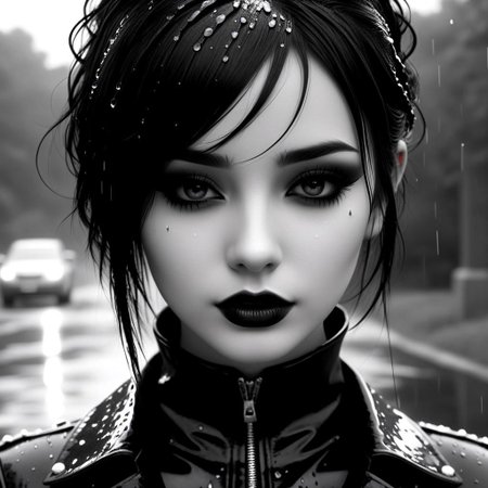 emo gothgirl with rain on her face black and white, melting dark make-up, in the style of daz3d, darkly romantic realism, flickr, serene faces, close up, i can't believe how beautiful this is