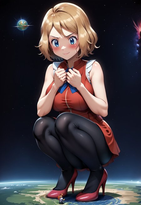 safe_pos, safe_pos, score_9, score_8_up, source_anime, BREAK 1girl, masterpiece, best quality, 1girl, bbserena, solo, short hair, eyelashes, blue eyes, full black legging, full black tights, pink designer high heels, big breasts, squeezing her breasts, squatting in space, holding the earth in the hand, giantess full body shots, giantess, giant, goddess, size difference, slight smile, blushing, growing bigger, long skinny legs, Galaxy, perfect arms, perfect hands, perfect face, perfect legs, perfect thighs, perfect feet, perfect eyes, solo, super giantess