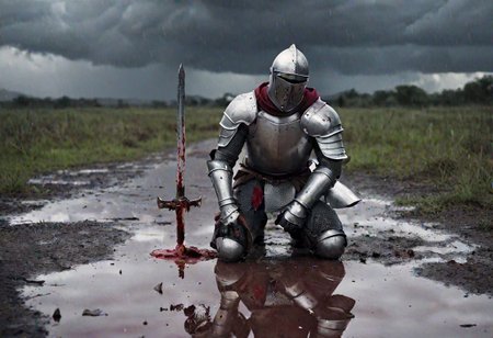 Masterpiece, DonMSt34mPXL, Realistic Lightning, Cinematic Lightning, Dark Lightning, Rain, Puddle, Clouded Sky, medieval, fantasy, pedestrians, Cape, Reflection, Corpses, Battlefield.
((((kneeling, male Knight, with bloody armor and closed helmet. Holding a broken sword) leaning on a (broken sword))) in a medival battlefield). (Unfocused corpses laying in background). fandist background.