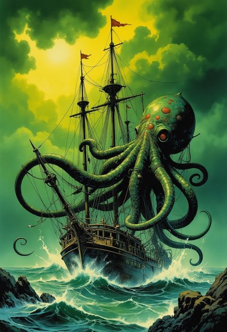 Comic book style 8k high quality digital painting , masterpiece, very detailed, ultra realistic, (best quality) very detailed epic masterpiece, a sailing ship on a stormy ocean is being attacked by a giant squid emerging from the water, tentacles winding around the ship, big waves, dramatic dark green yellow sky, action, scary, best quality, epic scene,  Dungeons and dragons atmosphere, heroic fantasy, fna_style, Comic book style