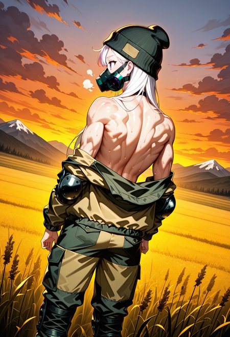 masterpiece, best quality, Graphic Design, color art, vibrant colors, colorful, intricate details, high contrast, detailed background, beautiful detailed, beautiful face, detailed eyes, detailed face, new, newest, 1girl, solo, white hair, g0rk4, military uniform, jacket, pants, camouflage, cowboy shot, field, dynamic pose, mountain, gas mask, beanie, knee pads, evening, sunset, cloudy, dutch angle, profile, open jacket, off shoulder, sweat, from behind, bare shoulders, muscular, bare back, topless,