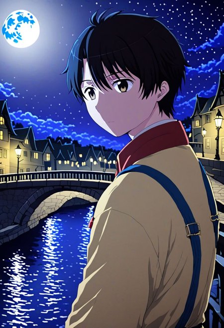 high resolution, solo, best quality, 1Boy, Inaho Kaizuka, Black Hair, depth of field, moon, fantastic night, dreamlike, midle of bridge, OverallDetail