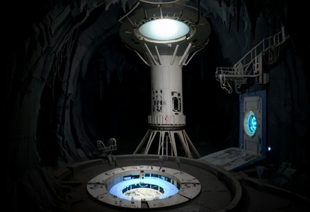 Old aperture, portal 2, 1980's, cavernous, blue light, underground drydock, cranes, dramatic lighting, abandoned science facility, desolate, shipping cranes, Polaroid, massive cave, 1987, towering structures, abandoned, aperture science, catwalks, partially flooded, ((( abandonned, aerospace, submechanaphobia)))