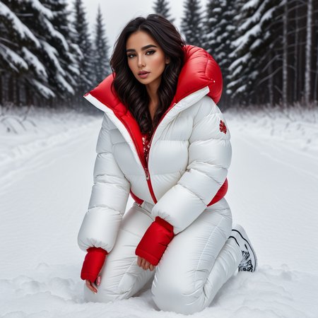 (full body shot| ) (dark cinematic still, dark vibes) cute latina woman ,unique, wearing  white floral snowpants and red extra_puffy_jacket,  unique hair styles, 8k uhd, dslr, high quality, photorealistic, realism, hyperrealism,((kneeling scene)), outdoors
 <lora:snowpants_v1-000003:0.3>
 <lora:Puffer_Jacket_and_Down_Jacket_-_Extra_Puffy_Jackets:0.7>