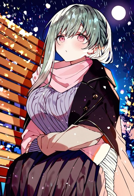 score_9, score_8_up, score_7_up, source_anime, 1girl,side braid, big breasts, sweater, black coat, scarf, aqua hair, pink eyes, pleated skirt, long skirt, night, outdoor, snowing, under a tree, dynamic light, sitting, on bench   <lora:kazutake-hazano-Style-PonyXL-Dora-000021:1>