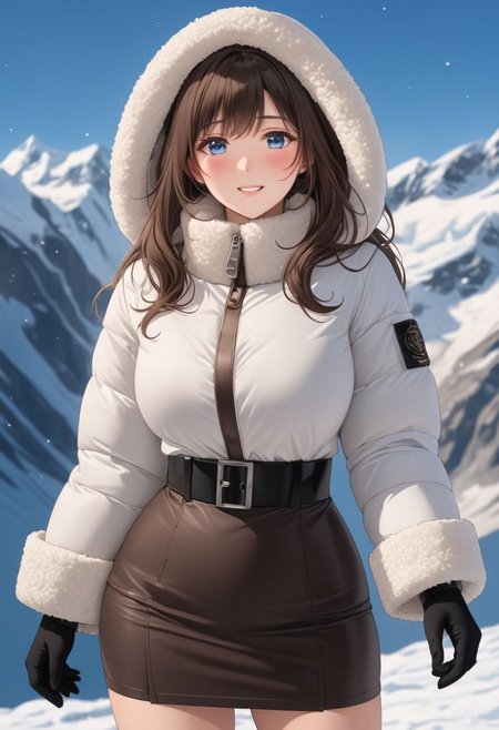 ((((white Oversized shearling down jacket)))), ((((white Oversized shearling puffer jacket)))), ((((white Oversized shearling winter clothes)))), ((((very very cold, in cold)))), ((((semi-realistic)))), ((((puffer hood)))), ((medium knee office skirt, pantyhose, boots)), ((((full body shot)))), ((sharp eyelid, eyeliner, eyelashes, beautiful detailed eyes, tsurime, long messy brown hair, blue eyes, perfect anatomy)), detailed fingers, solo, smile, standing, icefield, ((((masterpiece)))), ((((best quality)))), ((intricate details)), RAW, 8K UHD, (1girl), office lady, detailed face, beautiful face, charming, bonny, (((blush))), (((heavy breathing))), (((feels orgasm))), wind, (Thick padded collar:1.4), (TSH:1.4), (Thick padded cuffs:1.4)