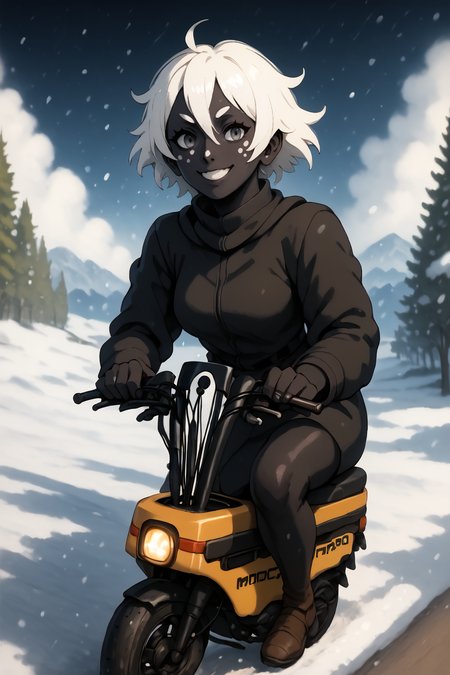 black skin, glittery skin, grey eyes, white hair, white freckles, smiling, cheerful, seductive expression,  <lora:RD-MAnon-XLV1.1:1>, inf front of a café looking out over a artic snow field, ((motocompo)), solo, standing, behind  <lora:motocompo_detailed:1.5> ground vehicle, riding motocompo, , source_anime, score_9_up, score_7_up, score_8_up
