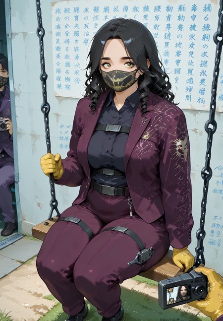 IllusP0s, PonyScores7, source_anime, ah1, IllustriousQual, interesting, exciting, spectacular, wonderful, 
BREAK <lora:xl_more_art-full_v1:0.2>, <lora:aesthetic_anime_v1s:0.2>, <lora:EpicF4nta5yXL:0.2>, <lora:detailxl:0.2>, detailxl, <lora:Fant5yP0ny:0.2>, amazing quality, best aesthetic, absurdres, illustration, Volumetric_Lighting, ultra-detailed, very aesthetic, intricate details, best_quality,
BREAK (((Sitting on a swing, holding a camera, capturing a moment while documenting memories))),
BREAK Stable_Yogis_PDXL_Positives, AS-Adult, <lora:Complicated fantasy portrait - XL Pony V2.0:0.2>, bad-hands-5, <lora:HDA_Detailer:0.3>, <lora:natsumi_style:0.5>, <lora:by_usakun-pony:0.4>, by usakun, <lora:Akina_Bbw_Style_-_PonyXL:0.2>, AkinBw, ((cyberpunk fashion style, inspired by futuristic dystopian settings, features high-tech and futuristic clothing, incorporates elements of technology and urban culture, promotes a bold and avant-garde aesthetic)),
BREAK 1girl, mature female, (curvy), round-chin, caucasian, <lora:ETO_OC_Illustrius:0.5>, eto_oc, skindentation, (plump), thick thighs, wide hips, busty, voluptuous, <lora:venus body PonyXL:0.3>, <lora:shinyskin2:0.2>, glistening skin, HDA_FatGirlXL, round ass, large breasts,
BREAK ((<lora:AzamiR6S:0.8>, AzamiR6S, black eyeliner, mouth mask, yellow gloves, purple jacket, print jacket, black collared shirt, harness, black belt, purple pants, thigh strap, black shoes)),
BREAK (curly hair), long hair, (black hair:1.4), (parted hair:1.7), messy hair, kinky curls, <lora:hairdetailpxl:0.2>, hairdetailpxl,
BREAK (half green and brown eyes), (colorful eyes), (multicolored eyes), (downturned eyes:1.4), expressive eyes, <lora:perfect-eyes:0.4> perfecteyes , EyesHD, (round face:1.2), (thick eyebrows:1.3), (plump face), <lora:Round_face:0.2>, lips, <lora:DetailedEyes_xl_bdsqlsz_V1:0.2>, <lora:Eyes_Lora_Pony_Perfect_eyes:0.2>, <lora:focusoneyes:0.4>,
BREAK ((lonely expression)), <lora:Expressive_H:0.2>, Expressiveh, <lora:Emotional_Anime_Expressions_PonyXL_Concept:0.2>, emotional, <lora:Best_Facial_Expression_LoRA_PONY:0.2>, looking at viewer, <lora:Detailed expressive EXEV style -XL Pony V1.0:0.2>, FaceDetail, <lora:Best_Facial_Expression_Helper_XTREME_ILLU:0.4>, kaogei,
BREAK (((Shadowed Corridor, Narrow passage lined with ancient runes etched into the walls, flickering torches casting shifting shadows, the faint scent of damp earth, a chilling breeze whispering through the darkness))), <lora:Background Detailer - SDXL:0.8>, 4k, 8k, Ultra HD, Masterpiece, Best quality, Detailed background, <lora:Add_more_details_V2_XLpony:0.4>, full_details, <lora:background-type1:0.4>,