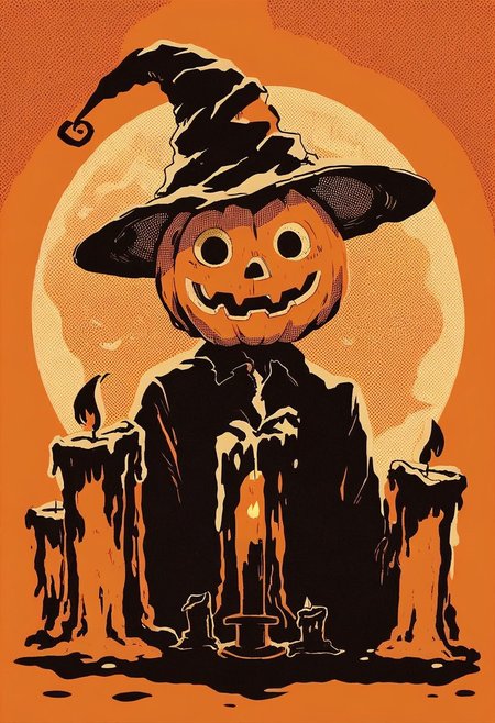 score_9, score_8_up, score_7_up, score_6_up, hllwn, halloween, vintage, hat, witch hat, jack-o'-lantern, halloween, no humans, moon, solo, pumpkin, halftone, candle, orange theme