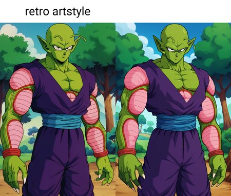 score_9, score_8_up, score_7_up, score_6_up, BREAK retro artstyle, piccolo,  1boy, green skin, pink patches, slug antennae, purple dougi, purple pants, blue sash, serious,black eyes, outdoors, nature,bald,pointy ears,abs,nails,sharp fingernails,   <lora:PiccoloPonyV2:1>