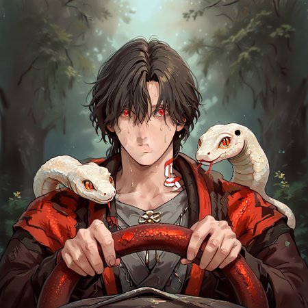 power crashes kobeni's car (meme), car interior, holding, steering wheel, look at viewer, crying with wide eyes open, nervous sweating, from front,A man with a snake on his shoulders smiles , human:1.2,  (sn4k3, snake, snake on shoulders, upper body, FntsyPstlCE style), front_view, scaleless snake:1.6, white coloured snake:1.2, red eyes on snake, wheel of fortune background:1.2, rng wheel:1.5