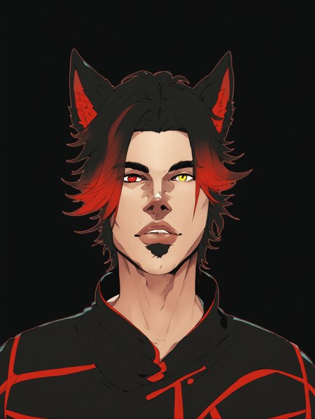 Duskfallcrew Art Style, masterpiece, official art, best quality, boy, male focus, solo, heterochromia, yellow eyes, red eyes, two tone hair, black hair, ombre hair, gradient hair, red hair, short hair, parted bangs, animal ears, cat ears, miqote, simple background, male focus, parted lips, lips, black background, looking at viewer, score_9_up, score_8_up, score_7_up, score_6_up, source_cartoon , <lora:dskart_ponyxl:1>