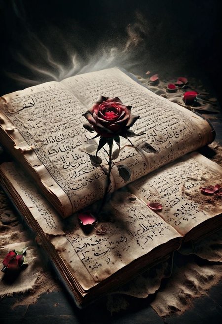 A withered ais-crsd rose lying on an ancient  Arabic book, its petals blackened and curled, on a table covered in dust. <lora:ais-crsd-sdxl:1>,volumetric lighting), (dynamic lighiting), godrays, Rembrandt lighting, real shadows, intricate detail