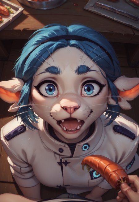 score_9, score_8_up, masterpiece, volumetric lighting, upper body, portrait, from above, 1girl, furry female, ariralxl, white body, lab coat, clothed, blue eyes, whiskers, animal nose, alien ears, short hair, blue hair, looking at viewer, open mouth, shocked, 1boy, pov, human hand, feeding, food, shrimp, indoors, facility background