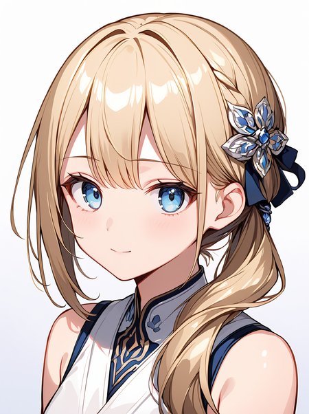 masterpiece,ultra-detailed,best quality,8K,illustration,cute face,clean skin ,shiny hair,girl,ultra-detailed-eyes,simple background, <lora:add-detail-xl:1>   <lora:lose sidetail_XL_V1.0:1> lose sidetail, side ponytail, hair ornament,long hair