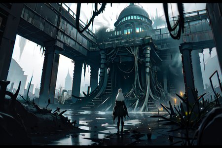 highly insanely detailed, masterpiece, top quality, best quality, highres, 4k, 8k, RAW photo, (very aesthetic, beautiful and aesthetic),  
tsutomu nihei,nihei_tsutomu,blame!,blame gakuen!,abara,TNstyle,sidonia_no_kishi,(city ruins,mausoleum,tower,stairs,sidonia \(ship\),giant room,megastructure in background),letterboxed,light particles,cables,tubes,industrial pipes,lantern,bones,wire,tentacles,steam,fog,bridge,machinery,fence,star \(sky\),starry sky,dome,toha heavy industries,air conditioner,walkway,gauna,gauna mech,clouds,concrete walls,metal walls,buildings,dark sky,black sky,cyberpunk,open space,decrepit,dystopia,destroyed,blm,dark background,science fiction,empty,flock,futuristic,vast scenery,perspective, 
<lora:ABARA:0.3>, 
(1girl:1.3), 
solo focus, 
Valley,(mud,silt:1.2),dirty,dirt,soil,Loam,clay,wet,creepy_vibes,spectral_appearance,hidden_perils,(plastered with mud,splashes mud,smeared with mud:1.2),ominous_presence,unsettling_noises,forgotten_civilization,night,hostile_environment,partially submerged,moonlit water,desolate landscape,unclear waters,nocturnal creatures,slime_\(substance\),sticky slime,treacherous terrain,foggy environment,twisted trees,grass,dark foliage,ghostly figures,moss vines,mysterious waters,dirty clothes,mysterious glow,molten,dense underbrush,overgrown with thick vines,(Cobwebs,spider silk:1.4),stinkhorn,pure magenta background,pure white background,(color bokeh background,bold color background),âââ