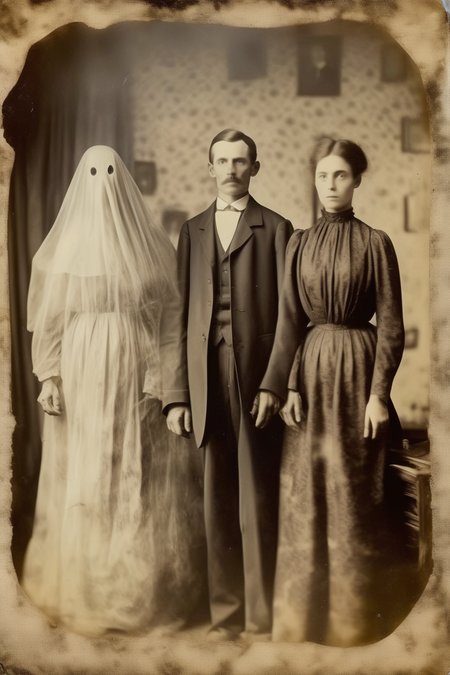 <lora:Albumen Print:1>Albumen Print - albumen print family standing in old clothes with ghosts behind them