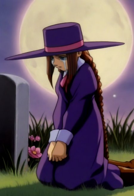 masterpiece, best quality, solo, 1girl, <lora:Darkstalkers-Ova-illus_Fp:1>, 1990s \(style\), retro artstyle, <lora:Anita-illus_Fp:1>, anitavc, brown hair, blue eyes, twin braids, hat, collared dress, purple dress, long sleeves, wrist cuffs, ribbon, knee boots, kneeling, tombstone, crying, teardrop,  grass, from side, moon, aura, flower, striped headwear,