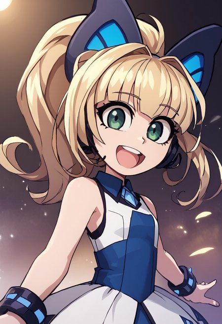 score_4,score_5,score_6,score_7_up,score_8_up,score_9
((masterpiece,best quality,ultra detailed,highres,HD,4k:1.2)),
1girl,solo,girl forcus,upper body,
long hair,blonde hair,side locks,multicolored hair,ponytail,hair ornament,butterfly hair ornament,green eyes, wings,butterfly wings,sleeveless,dress,white thighhighs,shoes,bracelet,jewelry,
Stage, idol stage,
open mouth,happy,smie,