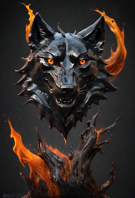 (masterpiece))
a wolf head,
HDR, hyper realistic, 
Black goo,
godly auburn light, flames,