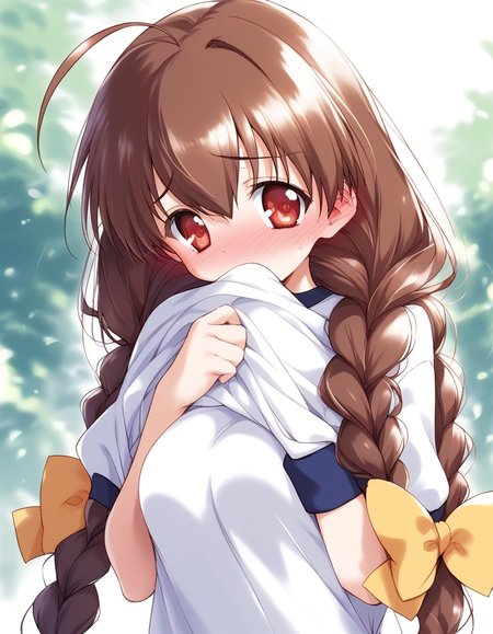 score_9, score_8_up, score_7_up, source_anime, rating_explicit, BREAK  <lora:Pasocom_Paradise_2001.8_XL:0.9>Pasocom_Paradise_2001.8, very long hair, twin braids, ahoge, bangs, brown hair, red eyes, hair between eyes, Yellow bow, 
gym uniform,white shirt, dark blue buruma, 
outdoor day
 medium breasts, full-face blush, embarrassed, 
looking at viewer, 
cowboy_Shot,