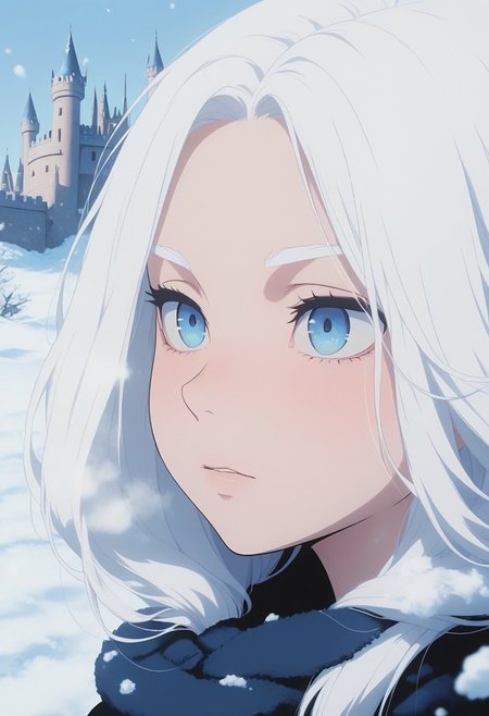 masterpiece, best quality, amazing quality, LDSCH, aesthetic, 1girl, portrait, white hair, blue eyes, detailed, snow, outdoors, castle, snowfall, close-up