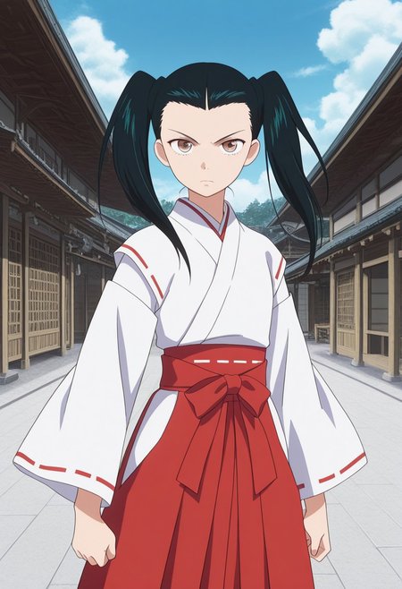 masterpiece, best quality, source_anime,official art,perfect_anatomy, 1girl, nayuta moriyama, solo,  brown eyes, twintails, black hair, long hair,miko, japanese clothes, red hakama, hakama skirt, determined ,serious,looking_at_viewer,cowboy shot,day,blue_sky,cloud