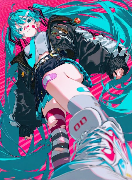 masterpiece, best quality, very aesthetic, 2024, 2023, perfect composition, ultra-detailed, rolua,
1girl, solo, hatsune miku,  foreshortening, teal eyes, teal hair, cropped jacket, open jacket, skirt, straps, thighhighs, sneakers, street_fashion, bomber jacket, glitter,colored eyelashes, midriff peek, from below, suspender skirt,  bandaid on face, bandaid_on_nose, torn thighhighs, bandaid_on_knee, bandaid_on_cheek, mismatched thighhighs, v,, two-tone_jacket, blue necktie,  pouch, belt,pin, geometric pattern, abstract background, striped background,