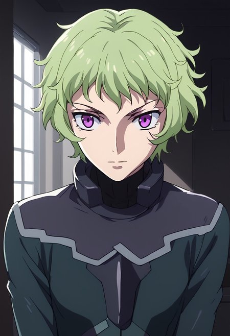 score_9, score_8_up, score_7_up,at room, indoor, moonlight,at night,hilling care, green hair, short hair, purple eyes, pilotsuit,1 female