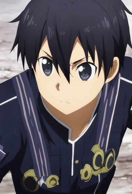 high resolution, solo, best quality, 1Boy, Kazuto Kirigaya, Black Hair, Black Eyes, military, action, OverallDetail
