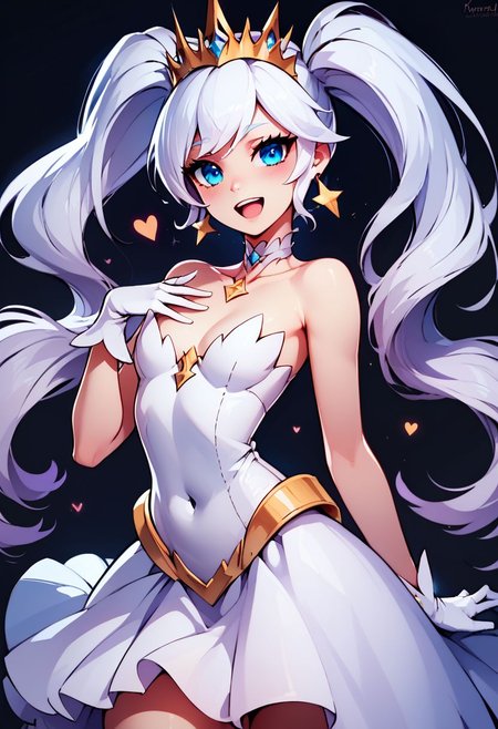 score_9, score_8_up, score_8, medium breasts, (curvy), cute, eyelashes,     
BREAK,
1girl, solo, long hair, looking at viewer, blush, smile, open mouth, bangs, blue eyes, simple background, gloves, dress, cleavage, bare shoulders, twintails, jewelry, medium breasts, collarbone, white hair, :d, heart, cowboy shot, earrings, small breasts, teeth, choker, white gloves, white dress, strapless, covered navel, tiara, crown, hand on own chest, black background, strapless dress, IvoryPrincess,
zPDXL,