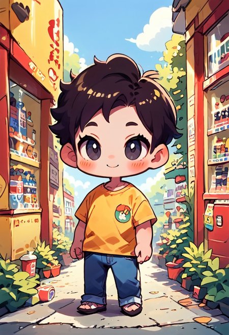 1 couple, 2people, 
<1girl, green eyes, brown hair, short hair, blush, jeans and t-shirt, happy, full body>,
<1boy, dark hair, bald, black moustache, knob, black eyes, small eyes>,
Buying a drink, vending machine, road, street, outdoors, 
score_9, score_8_up, score_7_up, source_anime, solo,  cute, chibi, kawaii, 2d color, simple color,  simple shading, flat color, chibi body, style:1.1, fca_style, super deformer