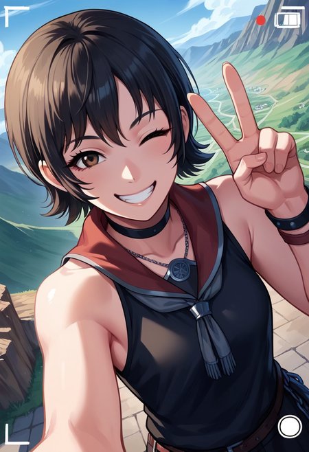 masterpiece,best quality,score_9, score_8_up, score_7_up, score_6_up,source_anime,
1girl, iris amicitia <lora:iris_amicitia(ffxv)-PD-1.0:1>,short hair,black hair,brown eyes,(happy smile,teeth,wink),(black clothes,bare shoulder, bracelet),(from above,upper body,face focus),(selfie, user interface, fake screenshot, viewfinder, phone screen, taking picture,v,head tilt,armpit),(landscape,outdoor,blue sky,mountain,valley,cliff,parking lot)