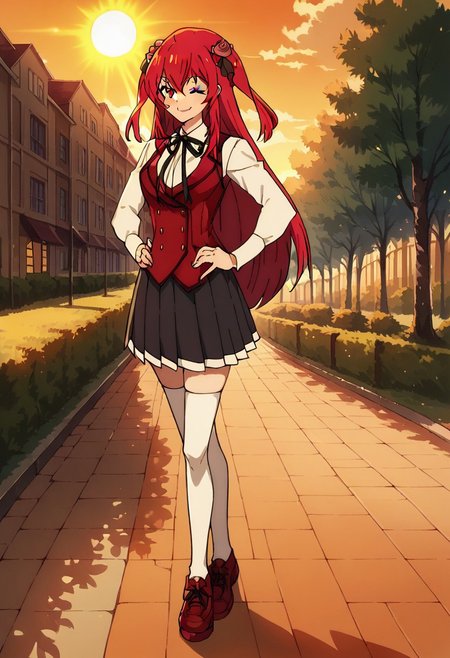 score_9, score_8_up, score_7_up, score_6_up, source_anime, anime coloring, smile, full body, <lora:Amelia_Rose:1> amelia_rose, red hair, solo, red eyes, school uniform, white thighhighs,
walking by the street of small village, 3/4 side view, wide smile, winking,  looking at viewer, full body view, close view, sexy pose, hands on hips, beautiful background, sun rays