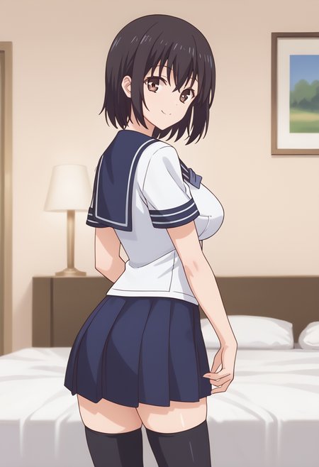 score_9, score_8_up, score_7_up, source_anime, masterpiece, best quality, highly detailed background, cinematic lighting, detailed eyes, detailed pupils, perfect face, 
Kotone, unique outfit, cute, smile, looking at viewer, posing, black thigh highs, looking back,
bedroom, midday, warm lighting,
<lora:Kotone_Pony:0.8>